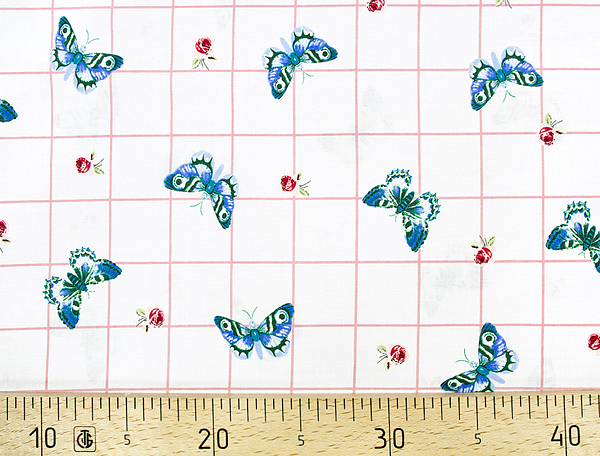 Ткань Gütermann Summer Loft (голубые бабочки/светло-розовая клетка) 