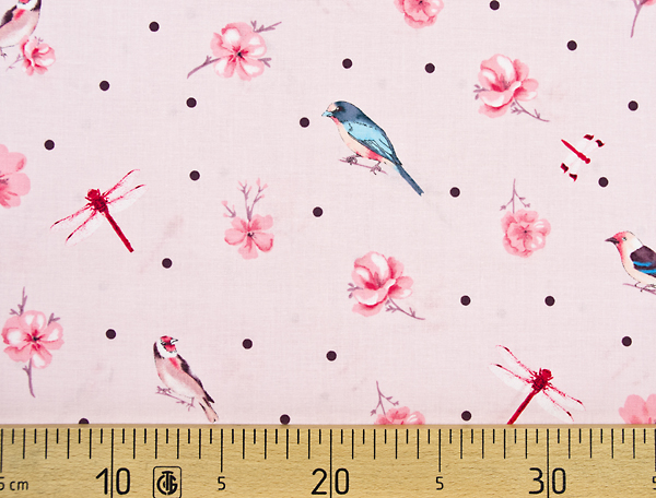 Ткань Gütermann Long Island (розовый/птицы, стрекозы, цветы) 
