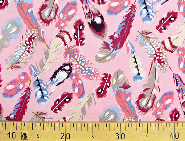 Ткань Gütermann Portofino (розовый/разноцветные перья) 